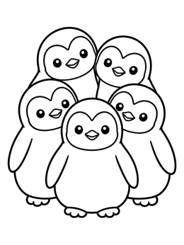 Five baby penguins huddle close together in this cute penguin coloring page.