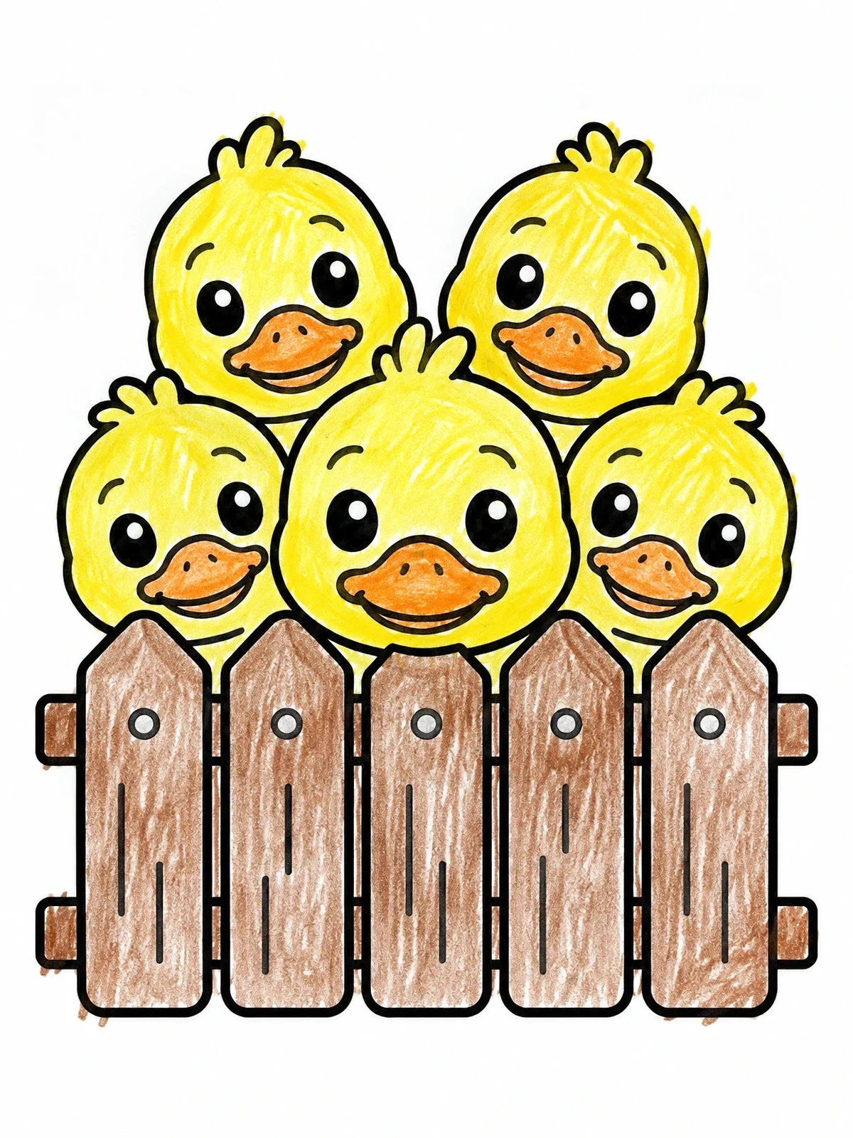 Colored example of the Five Ducklings Behind A Fence coloring page