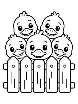 Five cheerful ducklings look over a picket fence in this duck coloring page.