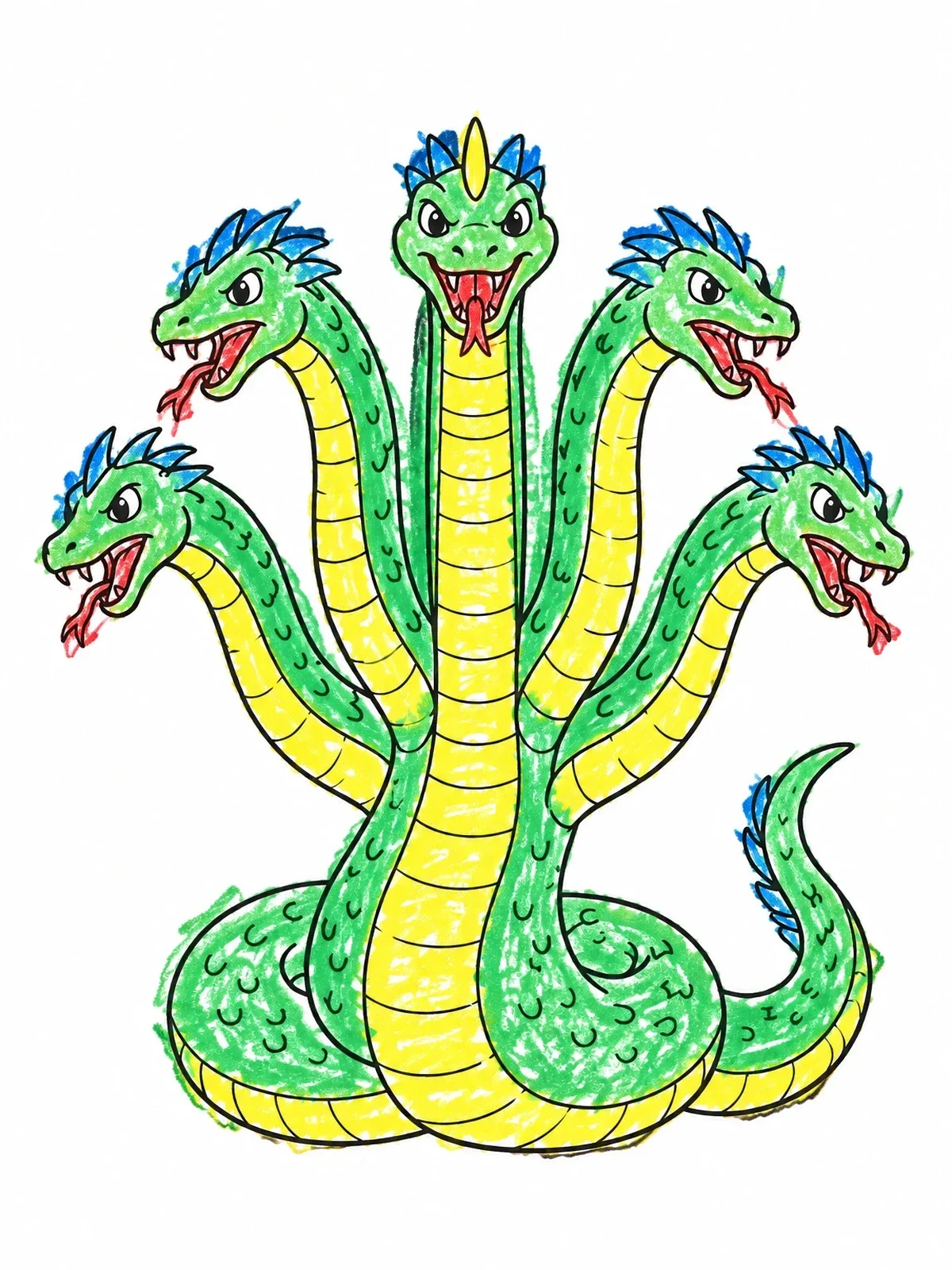 Colored example of the Five Headed Cartoon Hydra Serpent coloring page