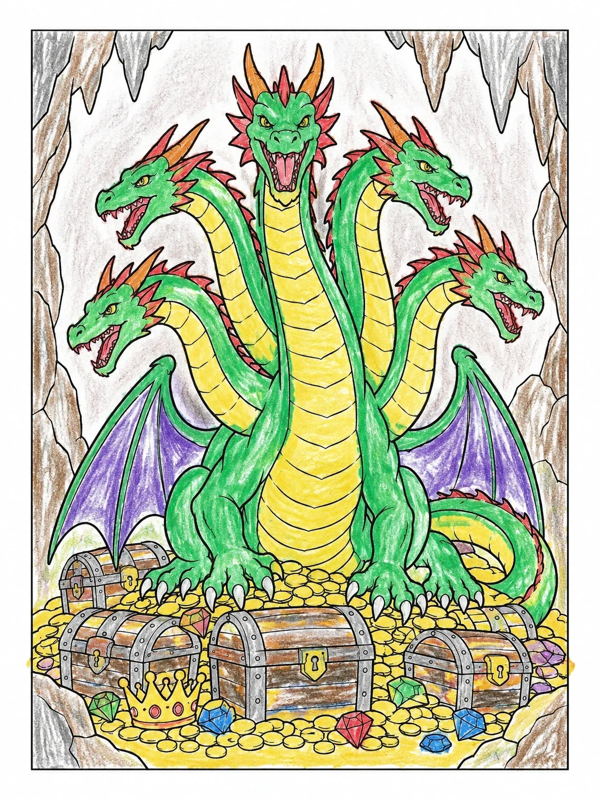 Colored example of the Five Headed Hydra Guarding Treasure coloring page