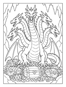 A hydra coloring page featuring a five-headed dragon guarding treasure chests and gold in a cave.