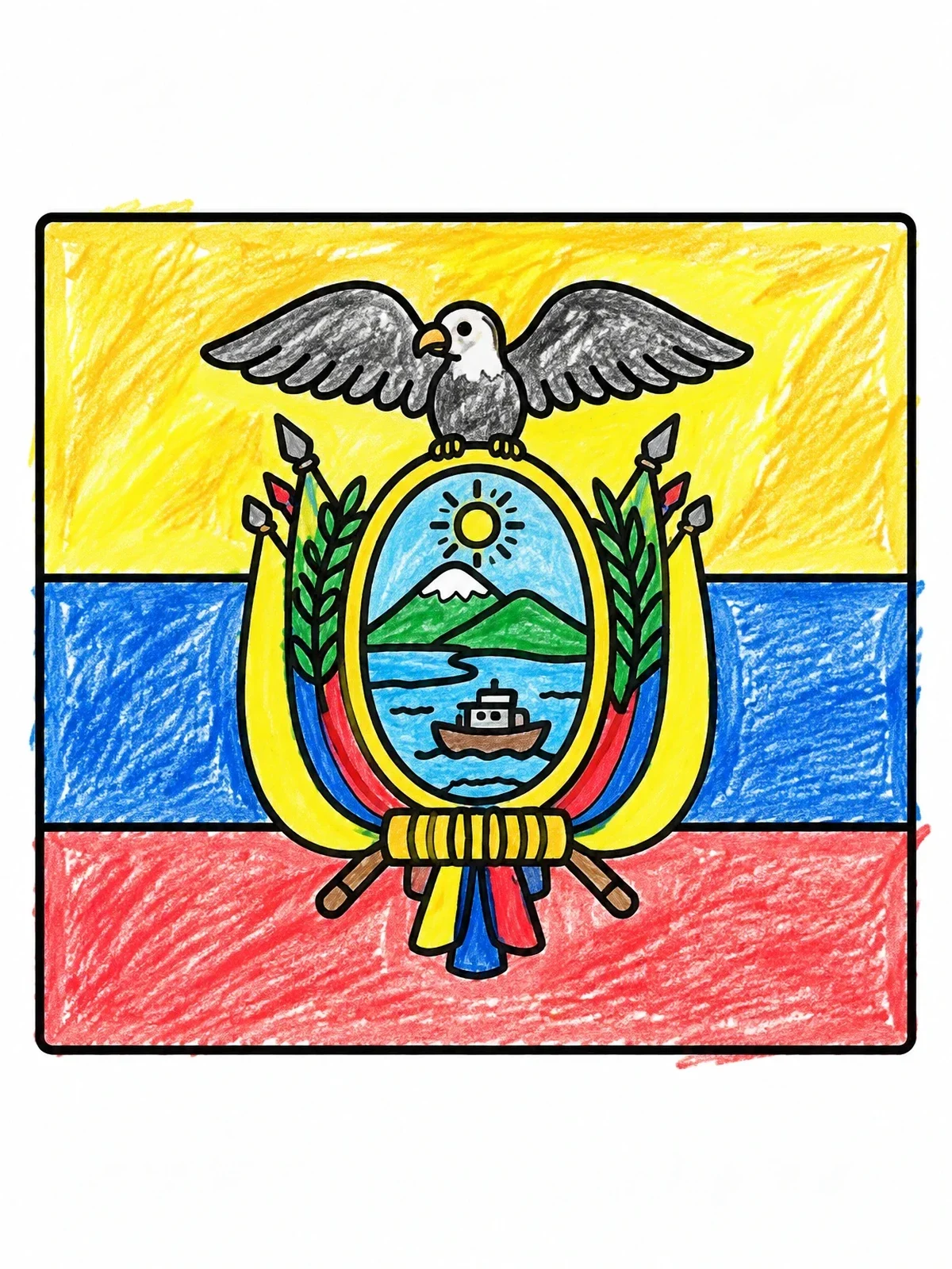 Colored example of the Flag And Coat Of Arms Of Ecuador coloring page