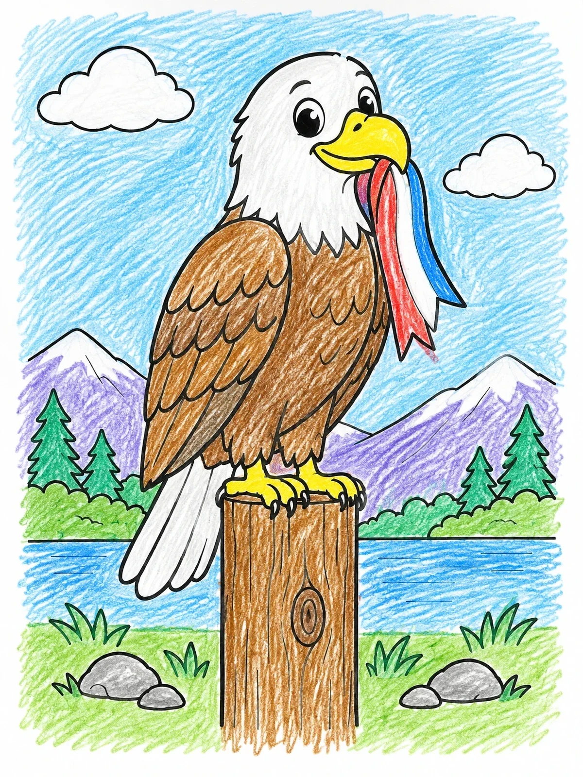 Colored example of the Cute Bald Eagle On Wooden Post coloring page