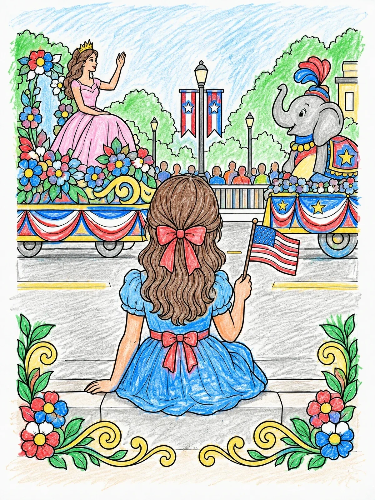 Colored example of the Watching The Festive Parade Floats coloring page