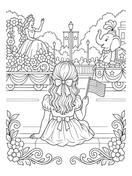 A young girl with a flag day coloring page view watches festive parade floats from the curb.