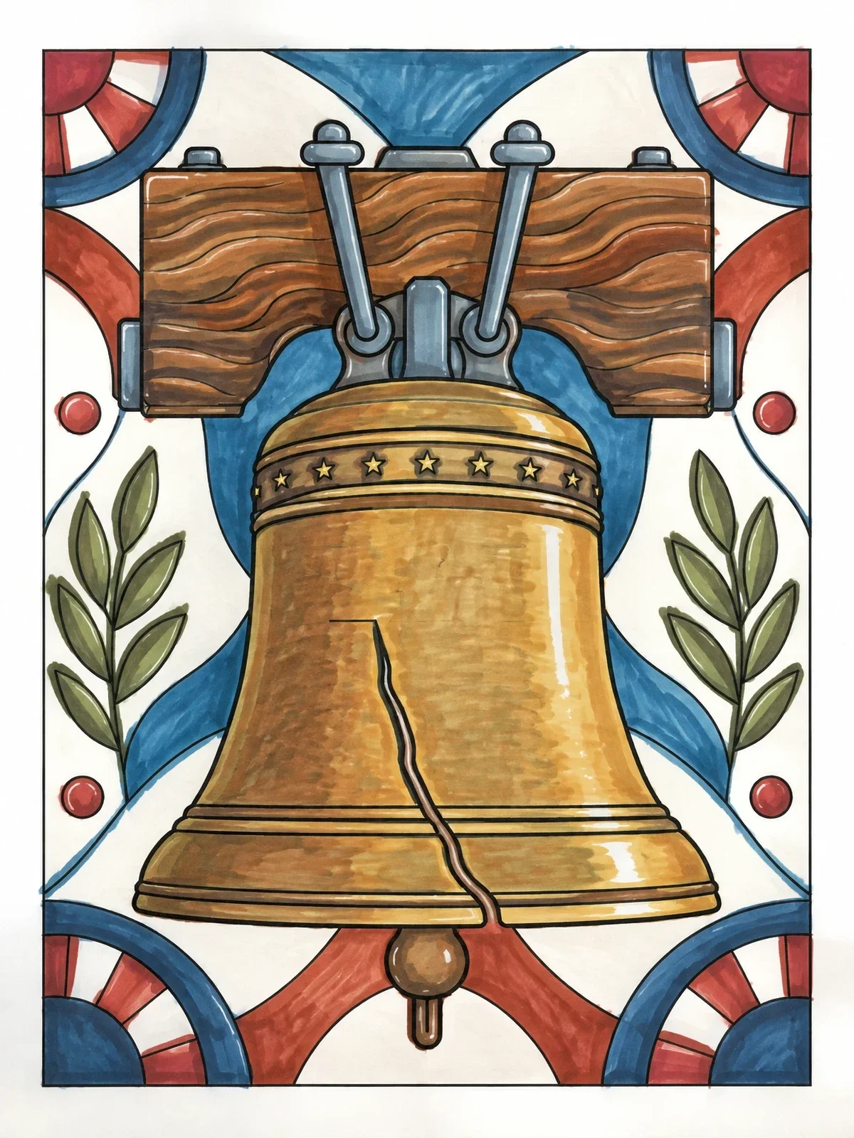 Colored example of the Historic Liberty Bell With Wooden Yoke coloring page