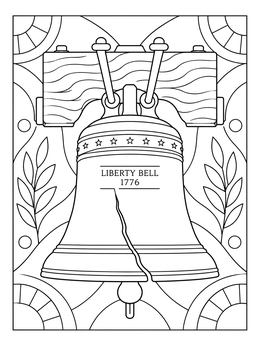 A detailed flag day coloring page featuring the historic Liberty Bell with its crack and wooden frame.