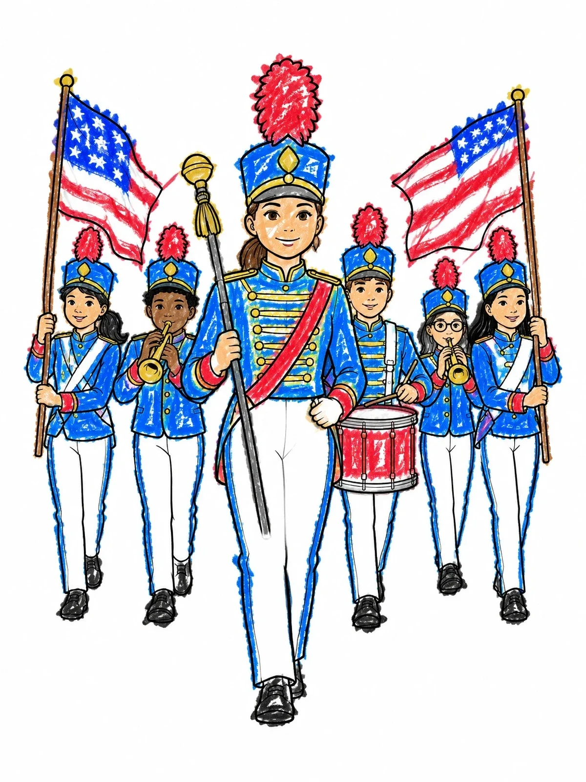 Colored example of the Marching Band Parade With Flags coloring page