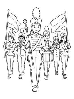 A drum major leads musicians and flags in this flag day coloring page.