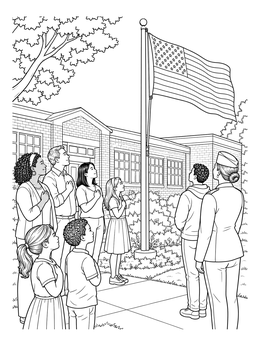 Students and adults honor the American flag on this flag day coloring page.