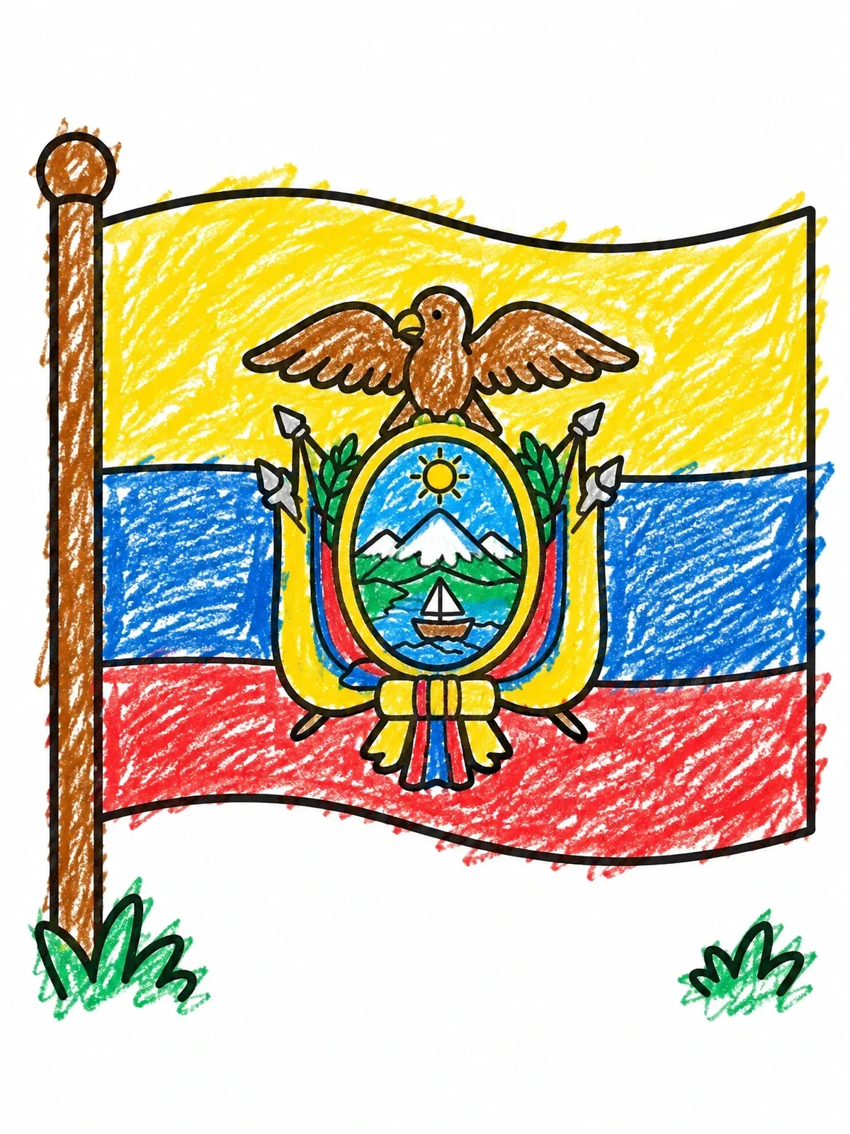 Colored example of the Flag Of Ecuador With Coat Of Arms coloring page