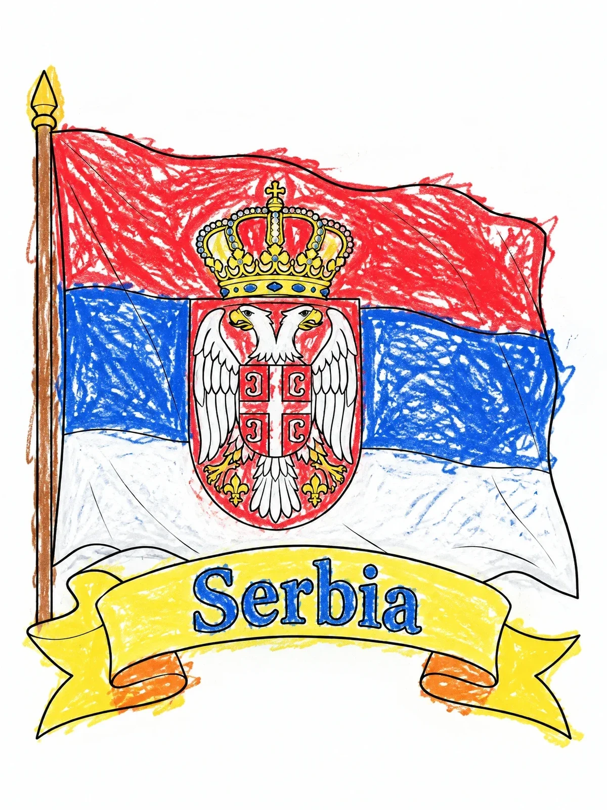 Colored example of the Flag Of Serbia With Coat Of Arms And Ribbon coloring page