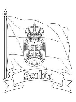 A waving flag with the coat of arms on this Serbia coloring page.