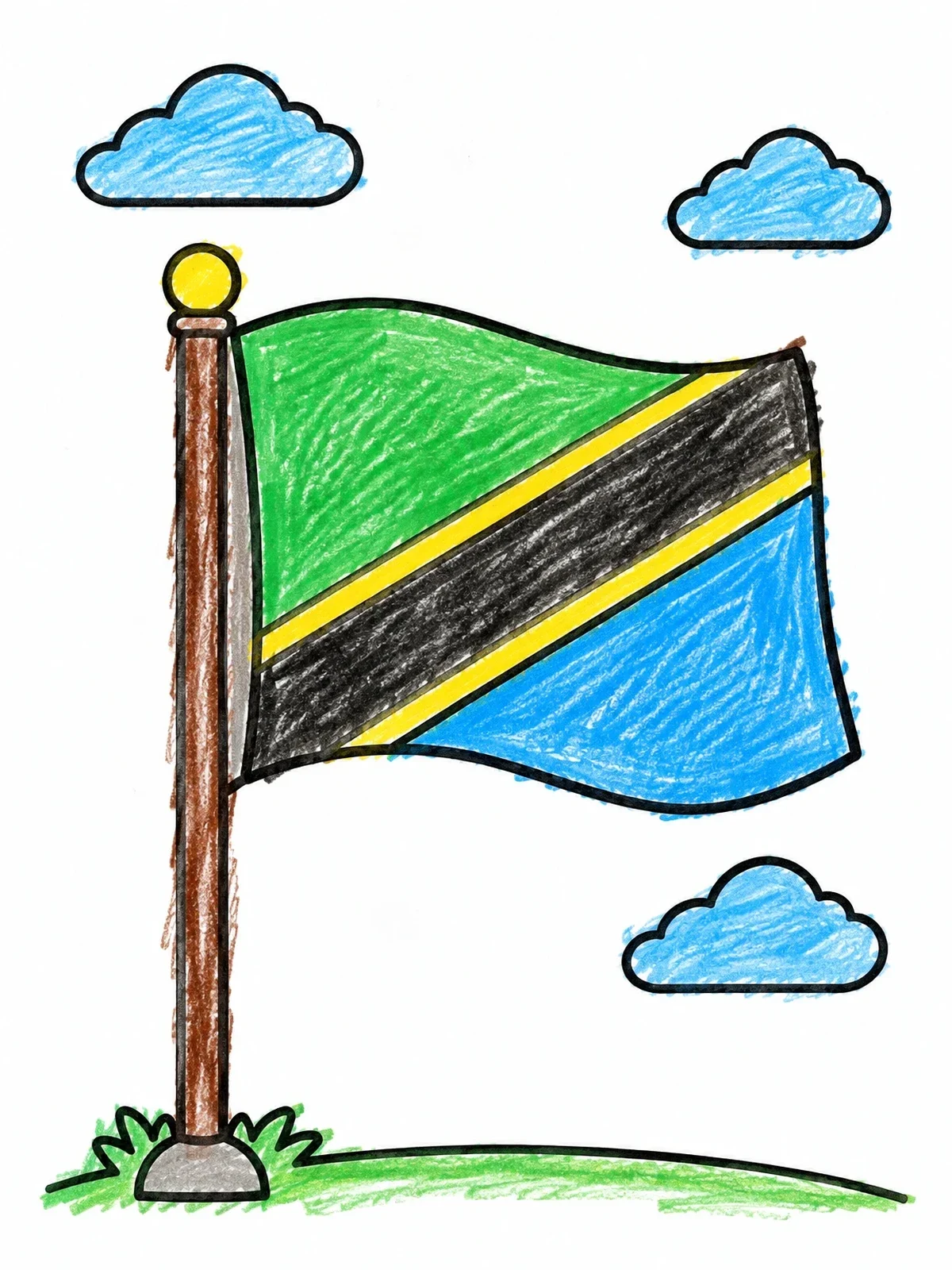 Colored example of the Flag Of Tanzania Waving Outdoors coloring page