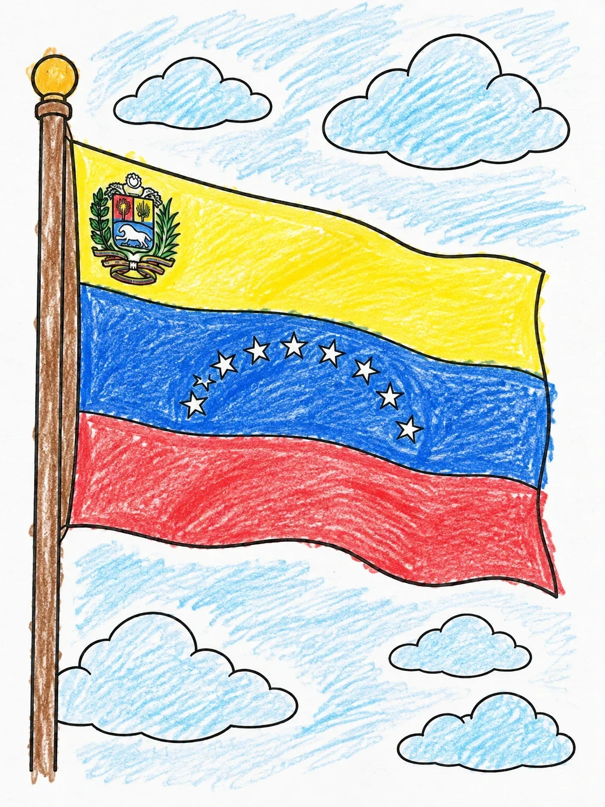 Colored example of the Flag Of Venezuela In The Sky coloring page