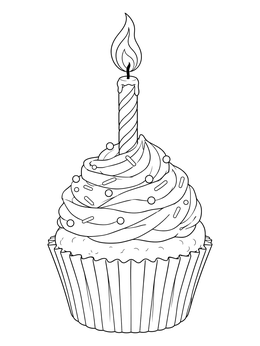 A sweet birthday cupcake topped with a glowing candle on this flames coloring page.