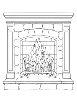 A cozy stone fireplace glows in this detailed flames coloring page.