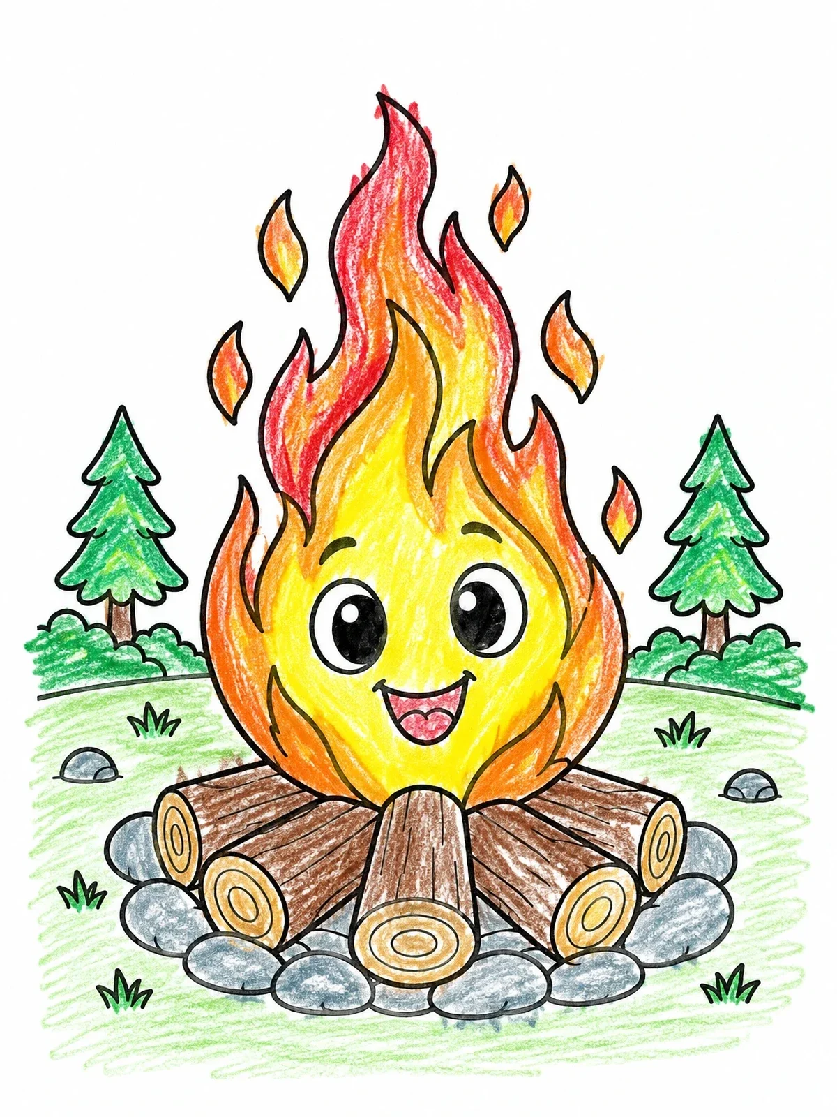 Colored example of the Cute Cartoon Campfire With Smiling Flame coloring page