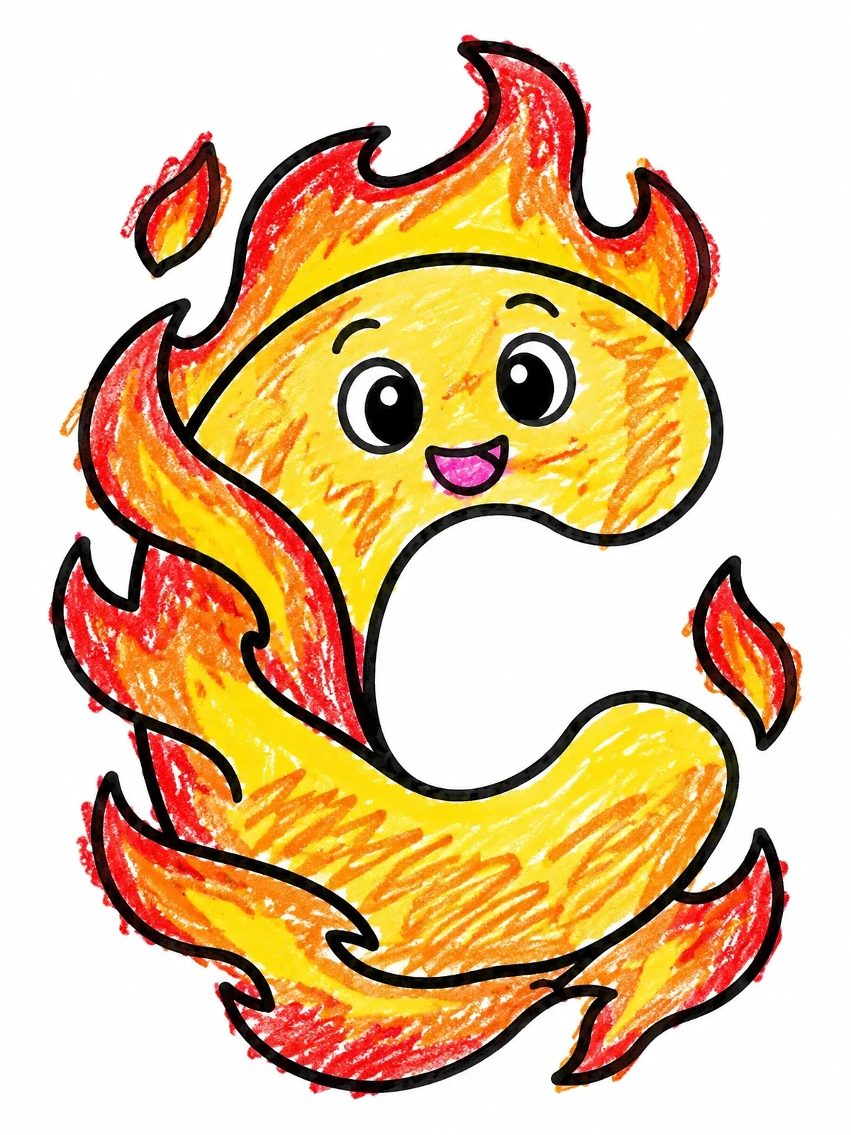 Colored example of the Cute Flame Letter C Character coloring page