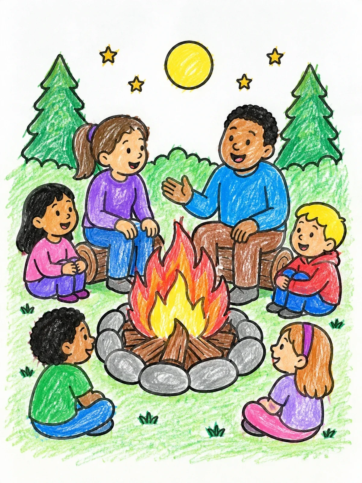 Colored example of the Family Around The Campfire coloring page