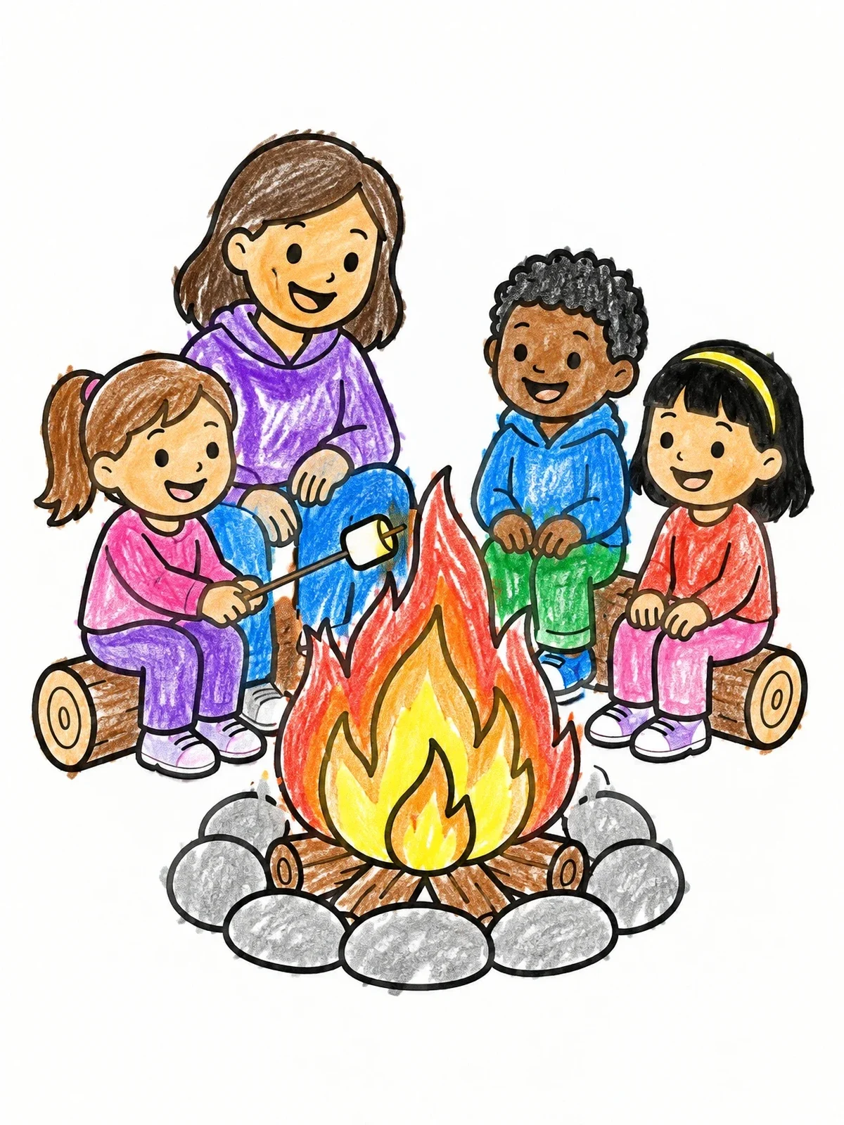 Colored example of the Family Roasting Marshmallows By The Fire coloring page