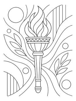 A burning torch surrounded by waves and leaves in this flames coloring page.