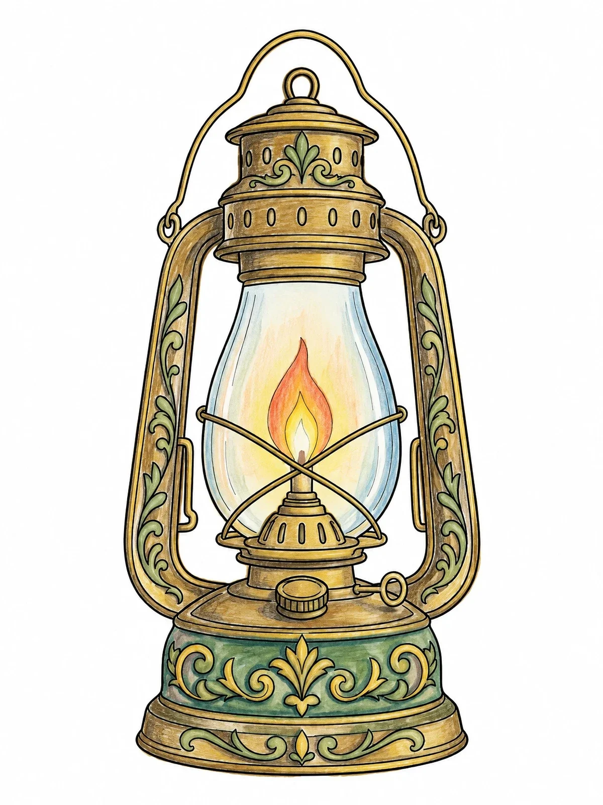 Colored example of the Vintage Kerosene Lantern With Flame coloring page