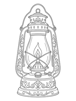 A vintage kerosene lantern with an inner flame shines on this flames coloring page.