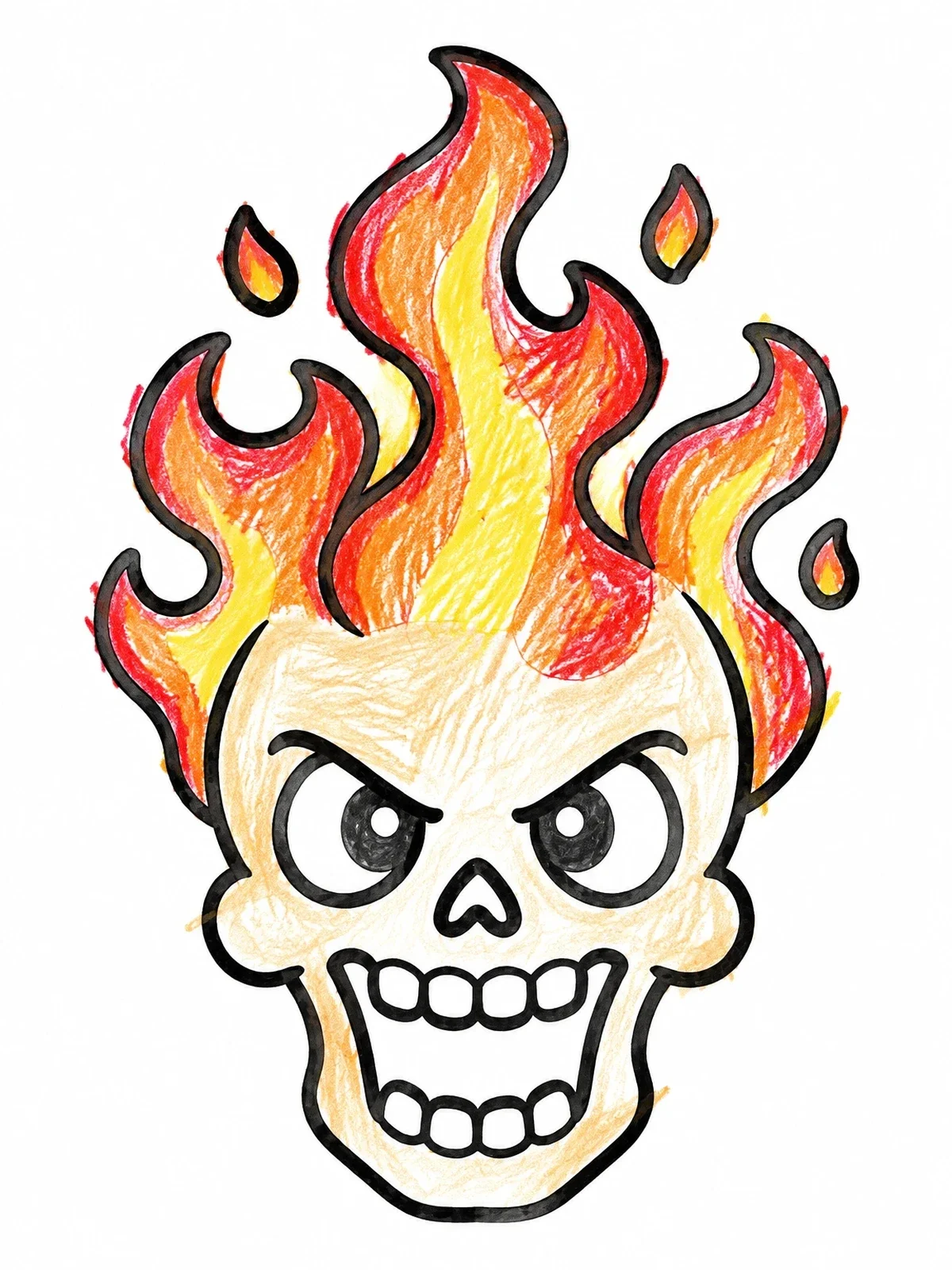 Colored example of the Flaming Cartoon Skull coloring page
