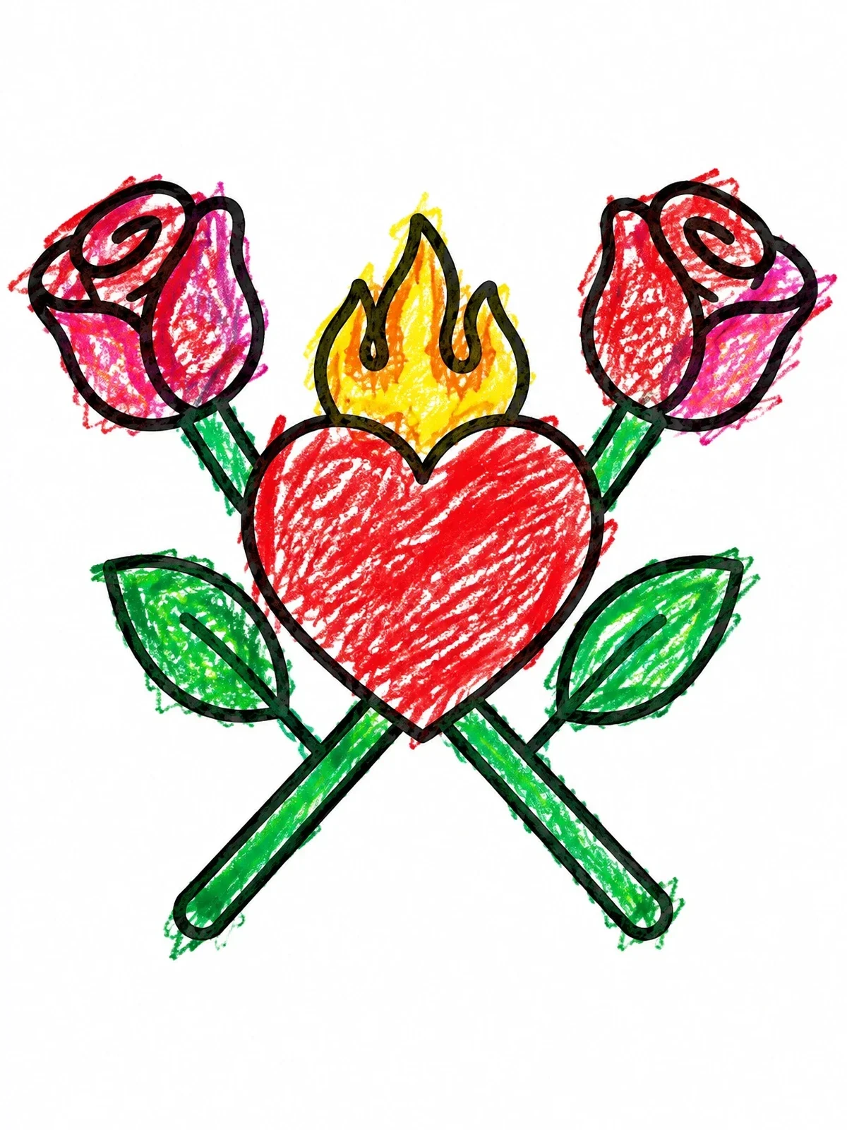 Colored example of the Flaming Heart With Crossed Roses coloring page