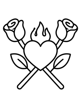 Free printable Flaming Heart With Crossed Roses coloring page