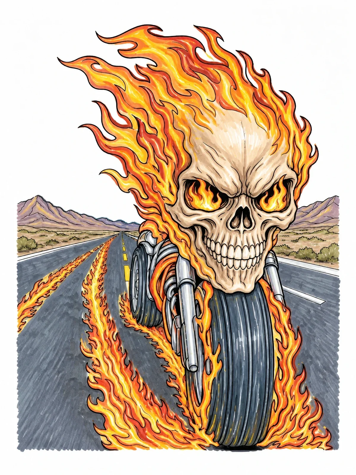 Colored example of the Flaming Skull Motorcycle On Desert Highway coloring page