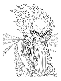 A burning skull coloring page featuring a fiery motorcycle speeding along an open desert highway.