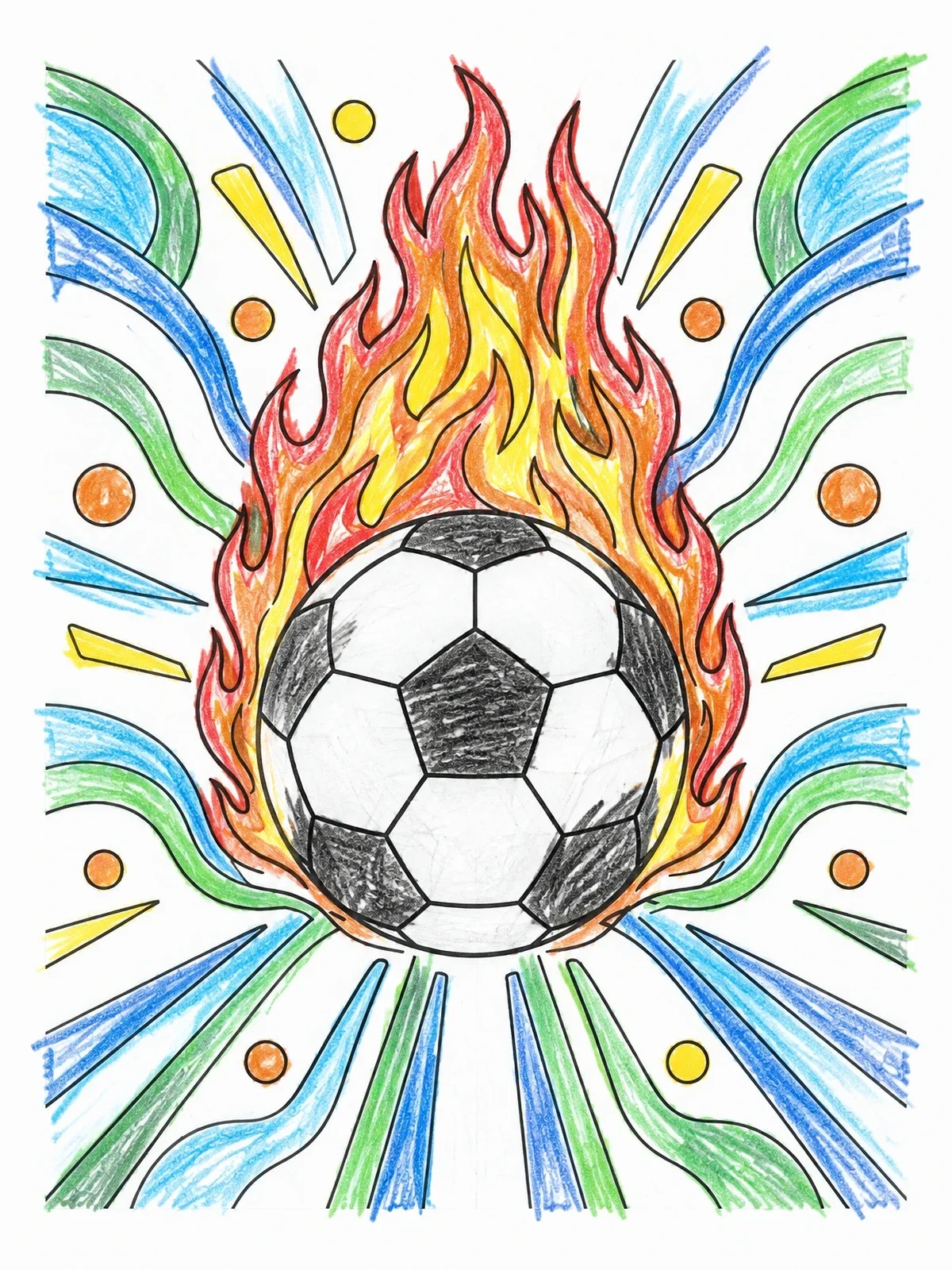 Colored example of the Flaming Soccer Ball In Motion coloring page