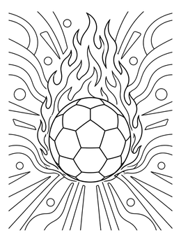 A dynamic soccer ball coloring page surrounded by bright flames and energy lines.