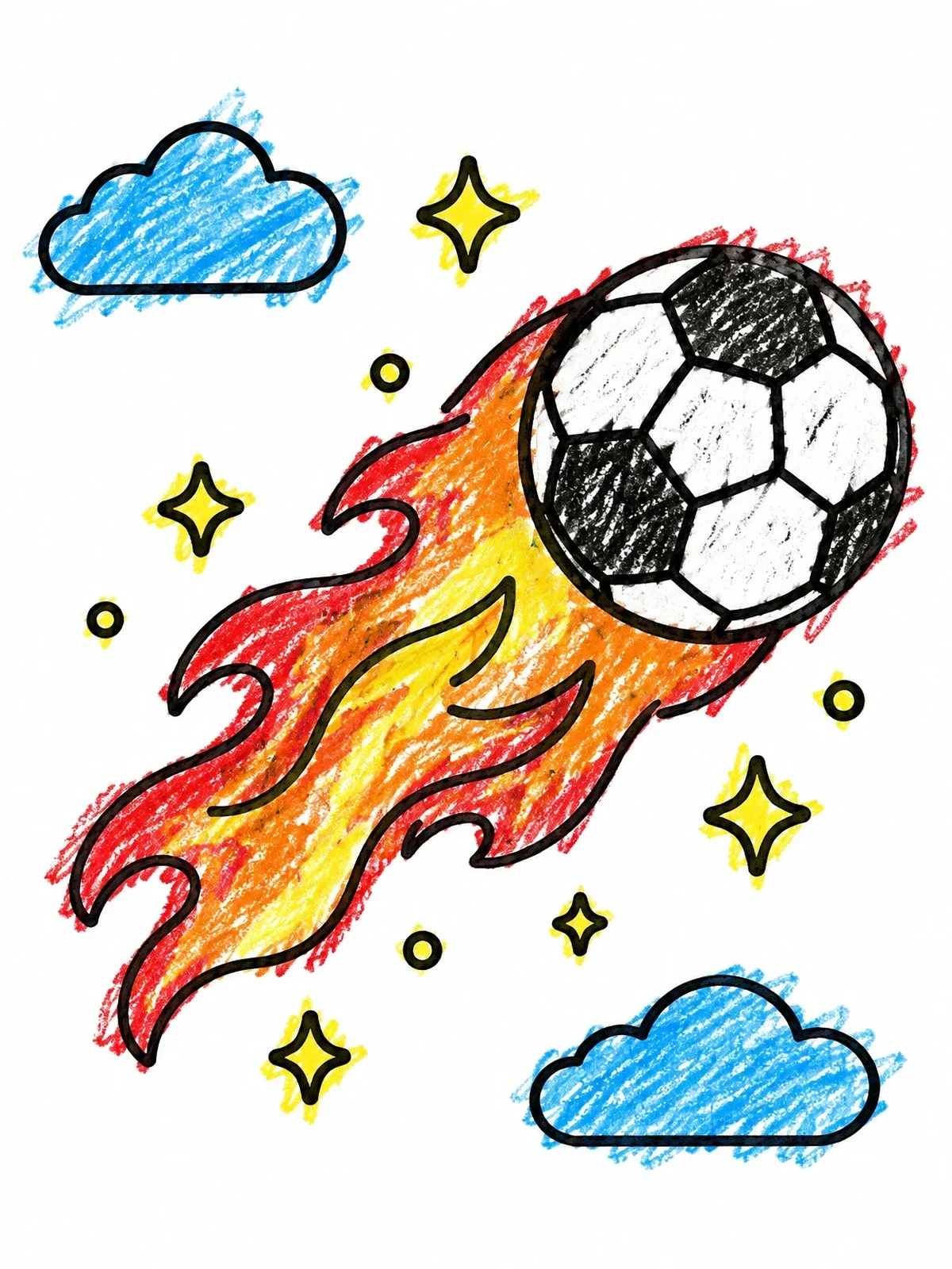 Colored example of the Flaming Soccer Ball In The Sky coloring page