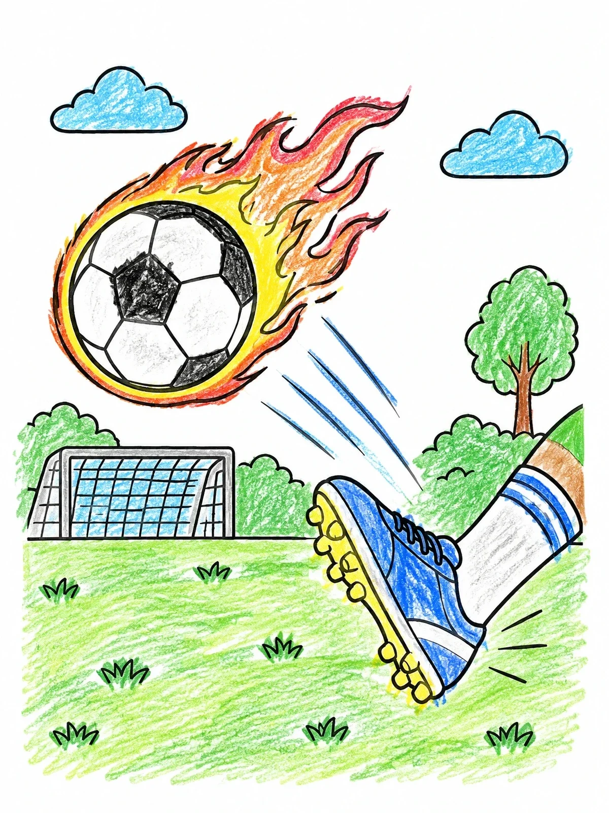 Colored example of the Flaming Soccer Ball Kick coloring page