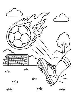 A flaming soccer ball coloring page showing a cleat kicking the ball toward the goal.