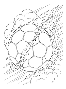 A dynamic soccer ball coloring page showing a ball splitting with flames and speed lines.
