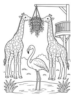 A flamingo wading in water near giraffes on this zoo coloring page.