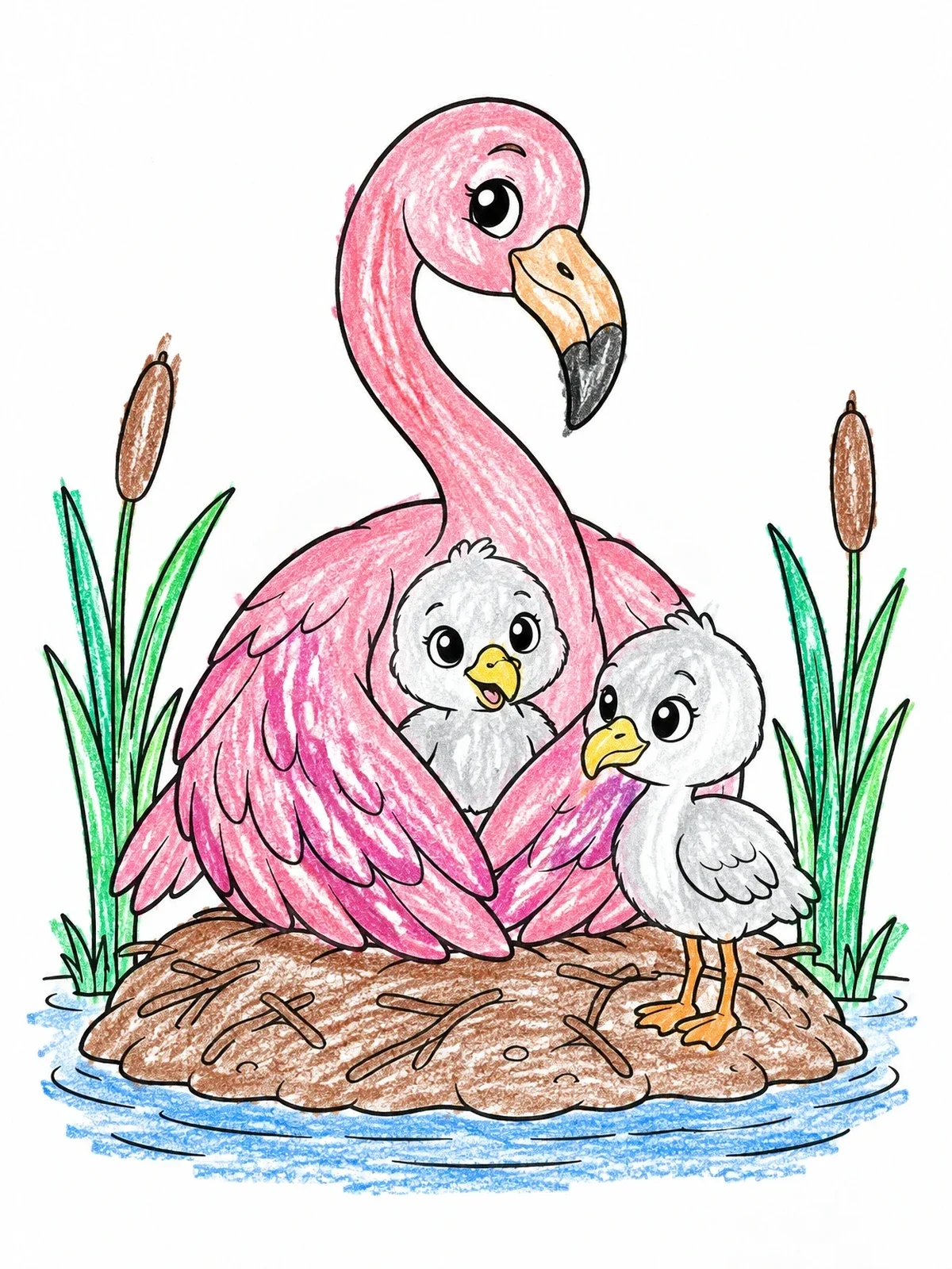 Colored example of the Mother Flamingo With Chicks In Nest coloring page