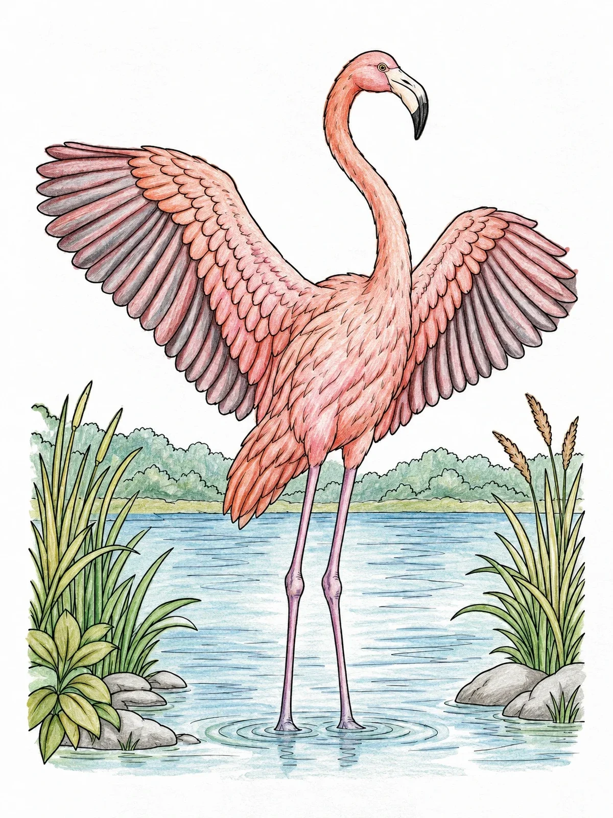 Colored example of the Majestic Flamingo With Open Wings coloring page