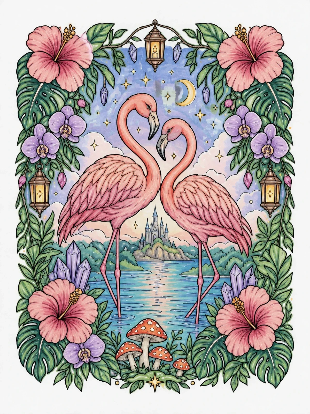 Colored example of the Flamingo Pair With Floral Border coloring page