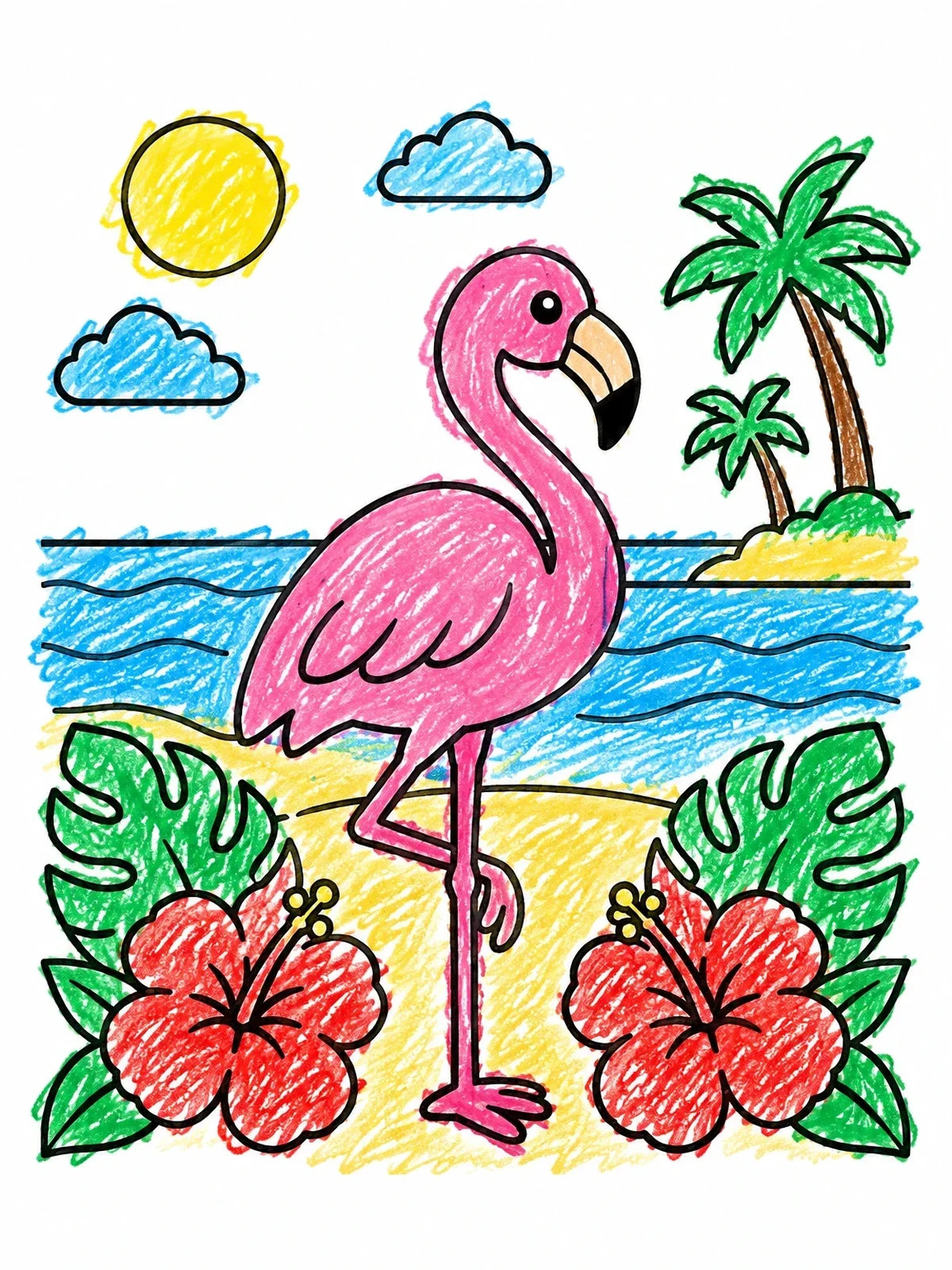 Colored example of the Flamingo On Tropical Beach coloring page