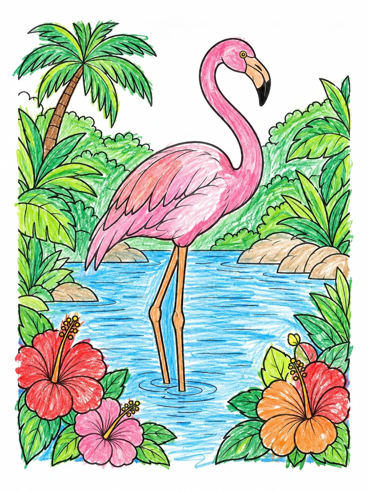 Colored example of the Flamingo In A Tropical Lagoon coloring page