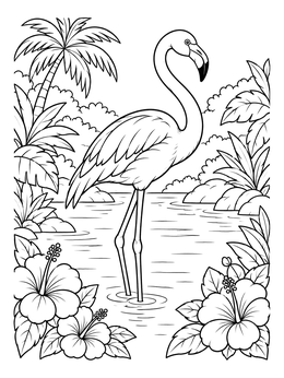 An elegant flamingo wading in water on this paradise coloring page framed by tropical flowers.
