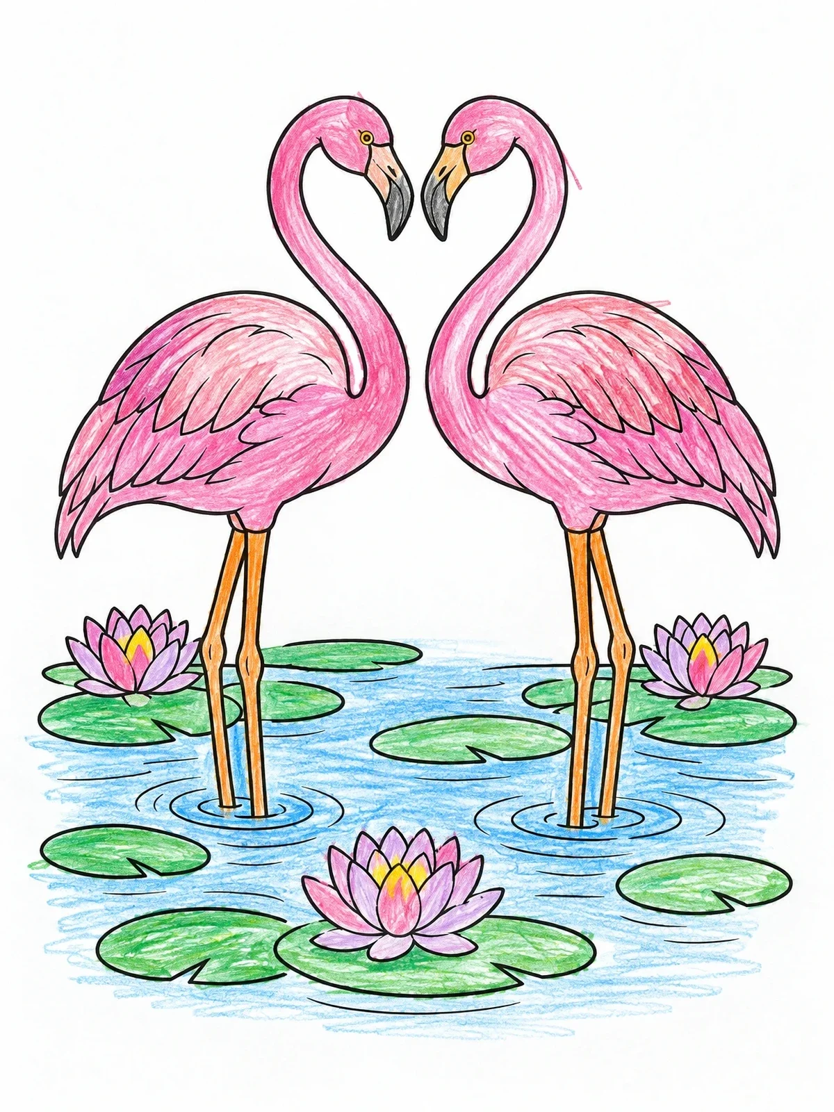 Colored example of the Pair Of Flamingos In Waterlily Pond coloring page