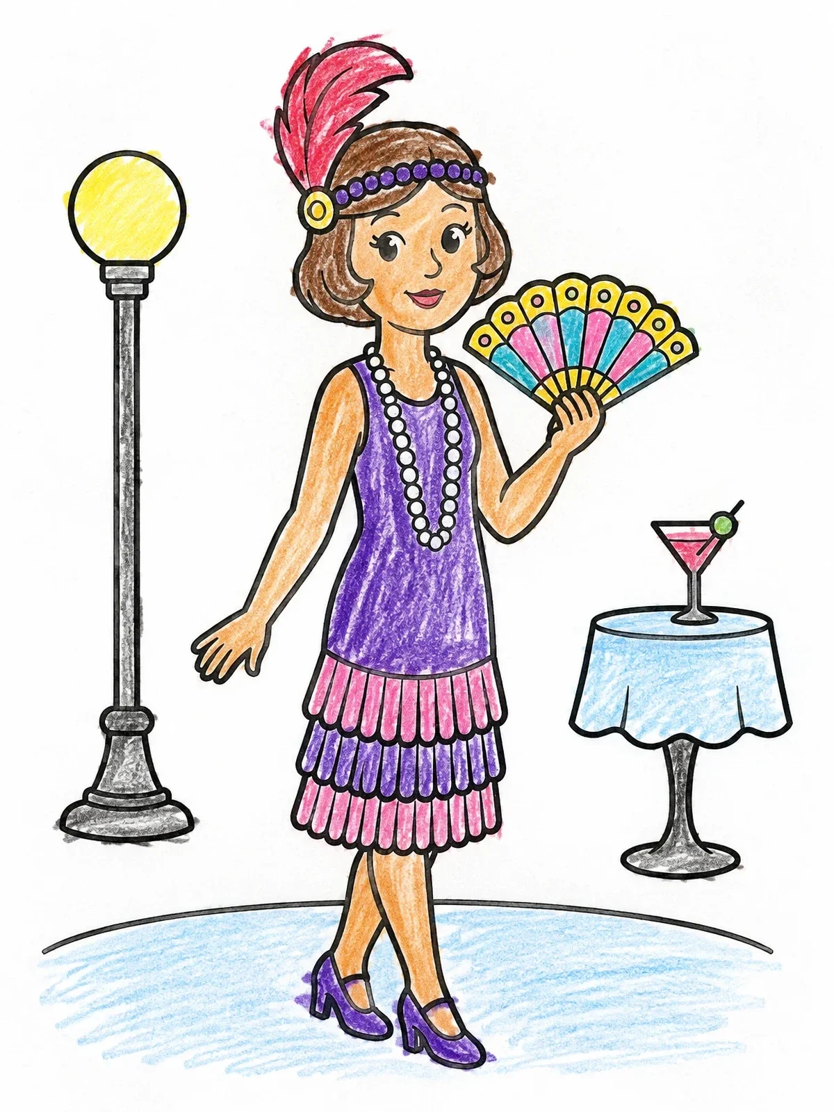 Colored example of the Flapper Woman With Feathered Headband And Fan coloring page