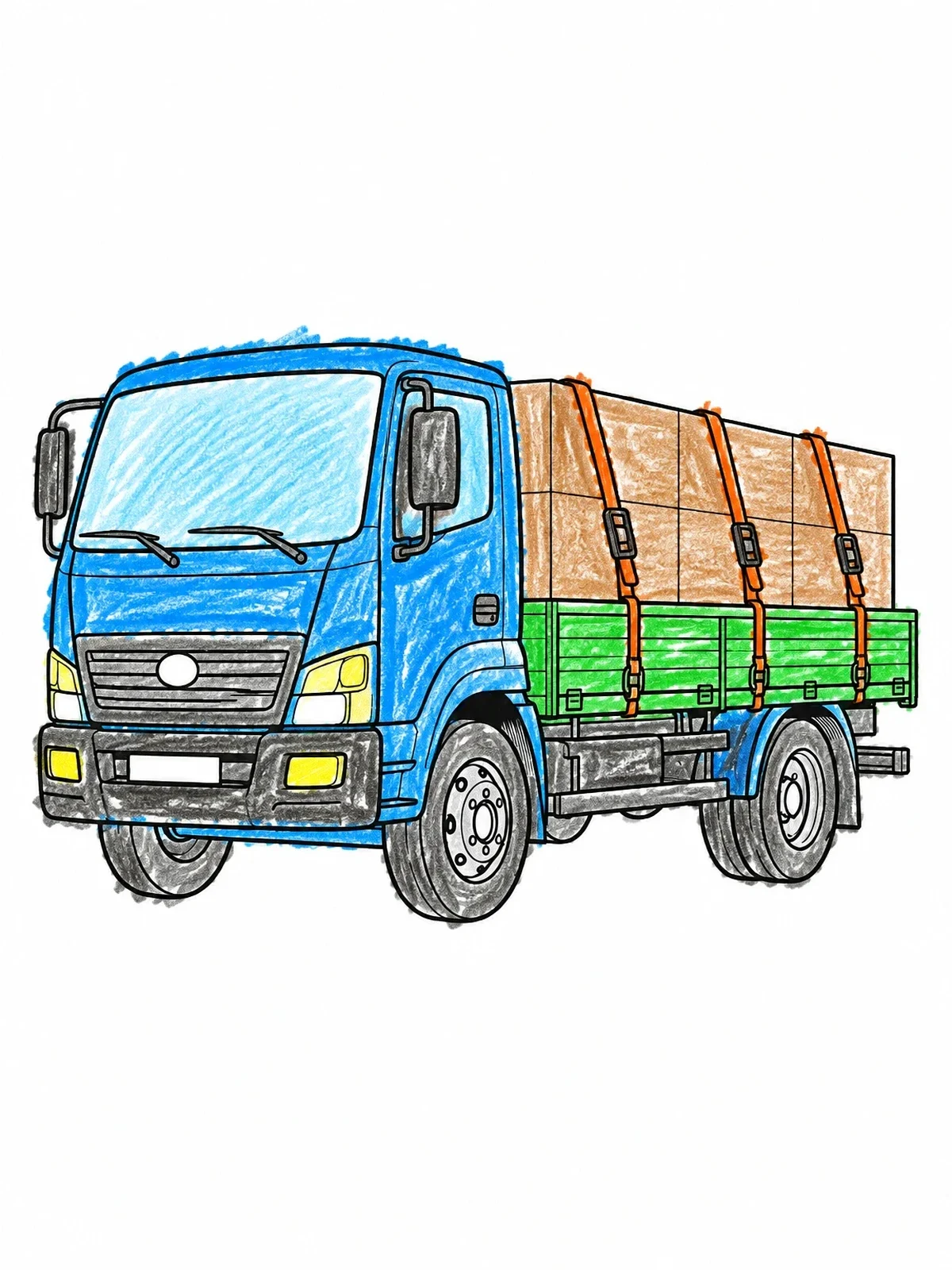 Colored example of the Flatbed Cargo Truck With Straps coloring page